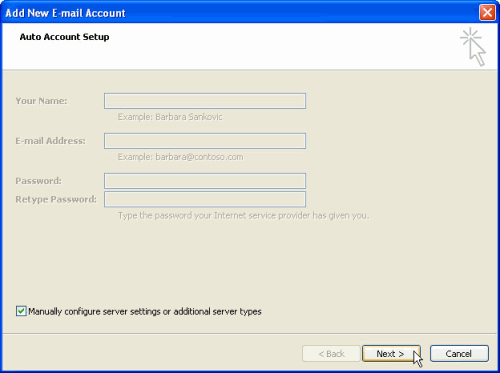 Setting up an email account in MS Outlook Step 3
