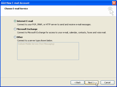 Setting up an email account in MS Outlook 2007 Step 4