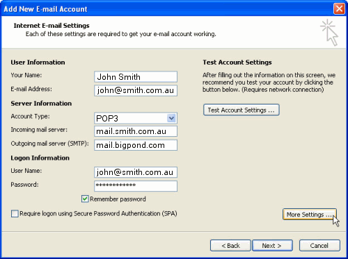 Setting up an email account in MS Outlook Step 5